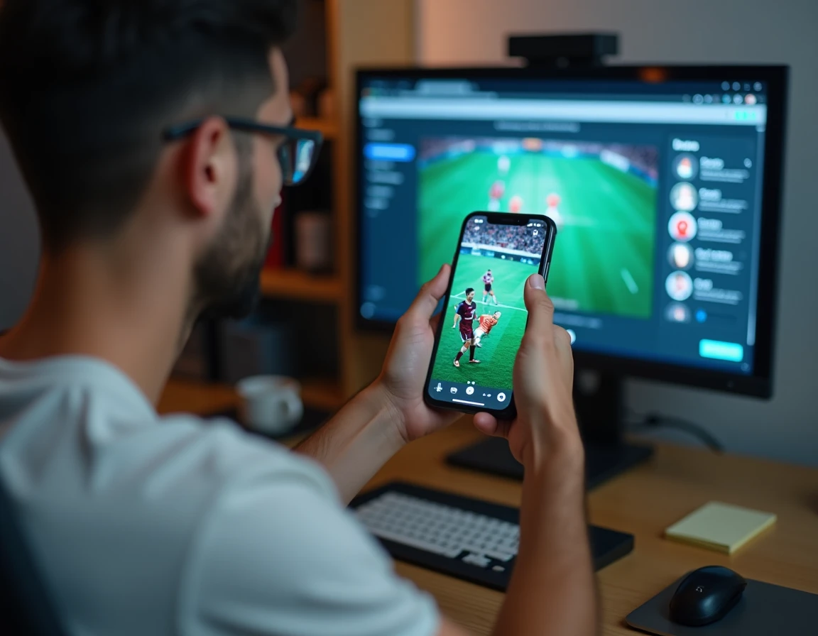 Homme consultant des sites de streaming foot sur son smartphone dans un bureau à domicile