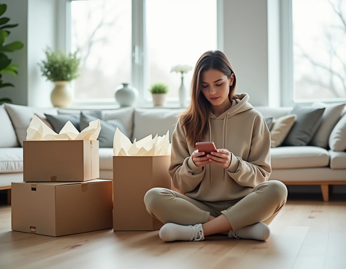 Femme suivant sa livraison Zalando sur smartphone entourée de colis mode