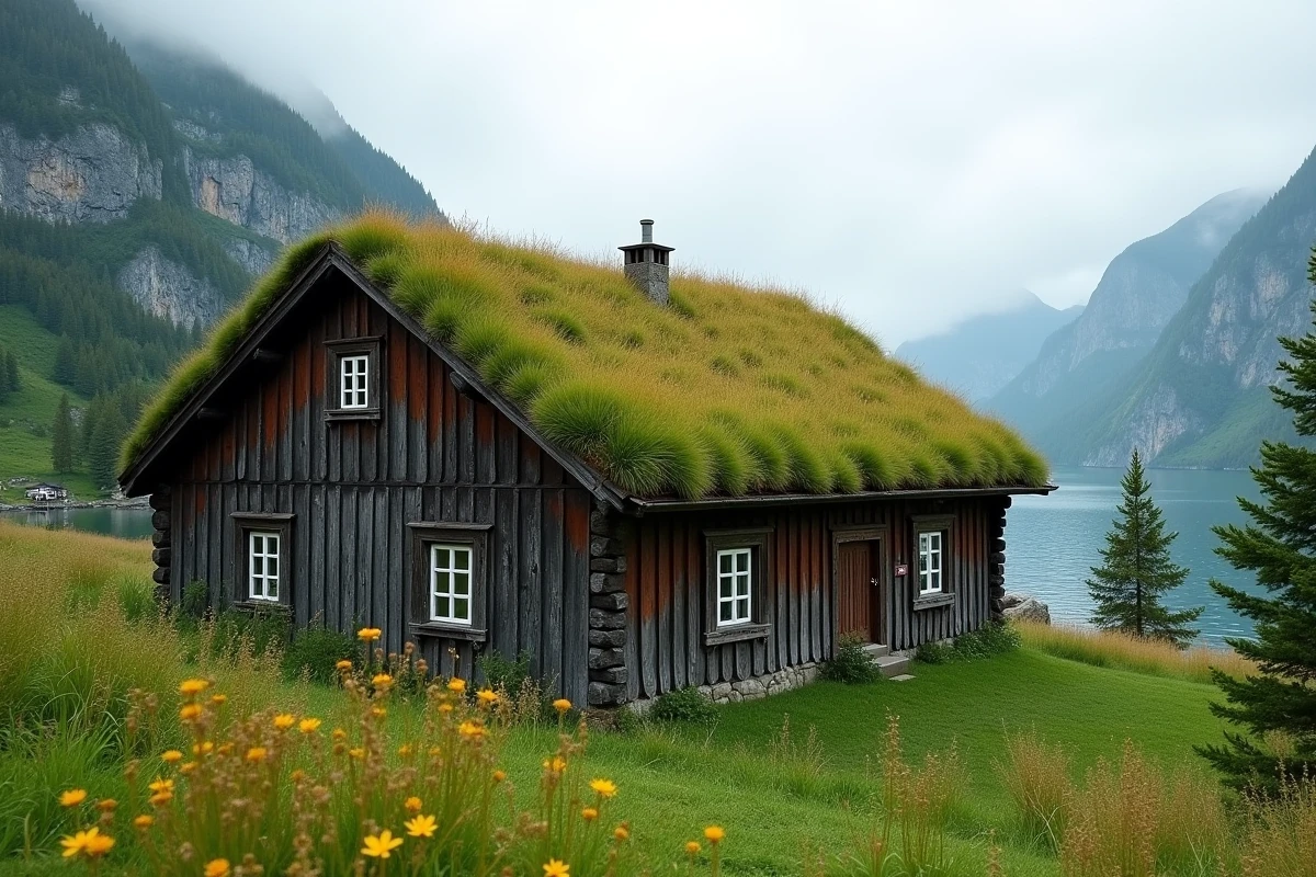 Ferme norvégienne traditionnelle avec toit en herbe fleuri dans une vallée de fjord entourée de forêts de pins et de falaises rocheuses
