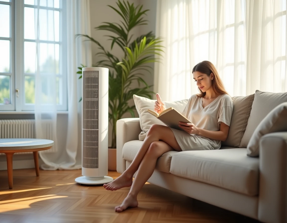 Femme se relaxant sur un canapé en lin à côté d'un ventilateur Valberg dans un salon moderne