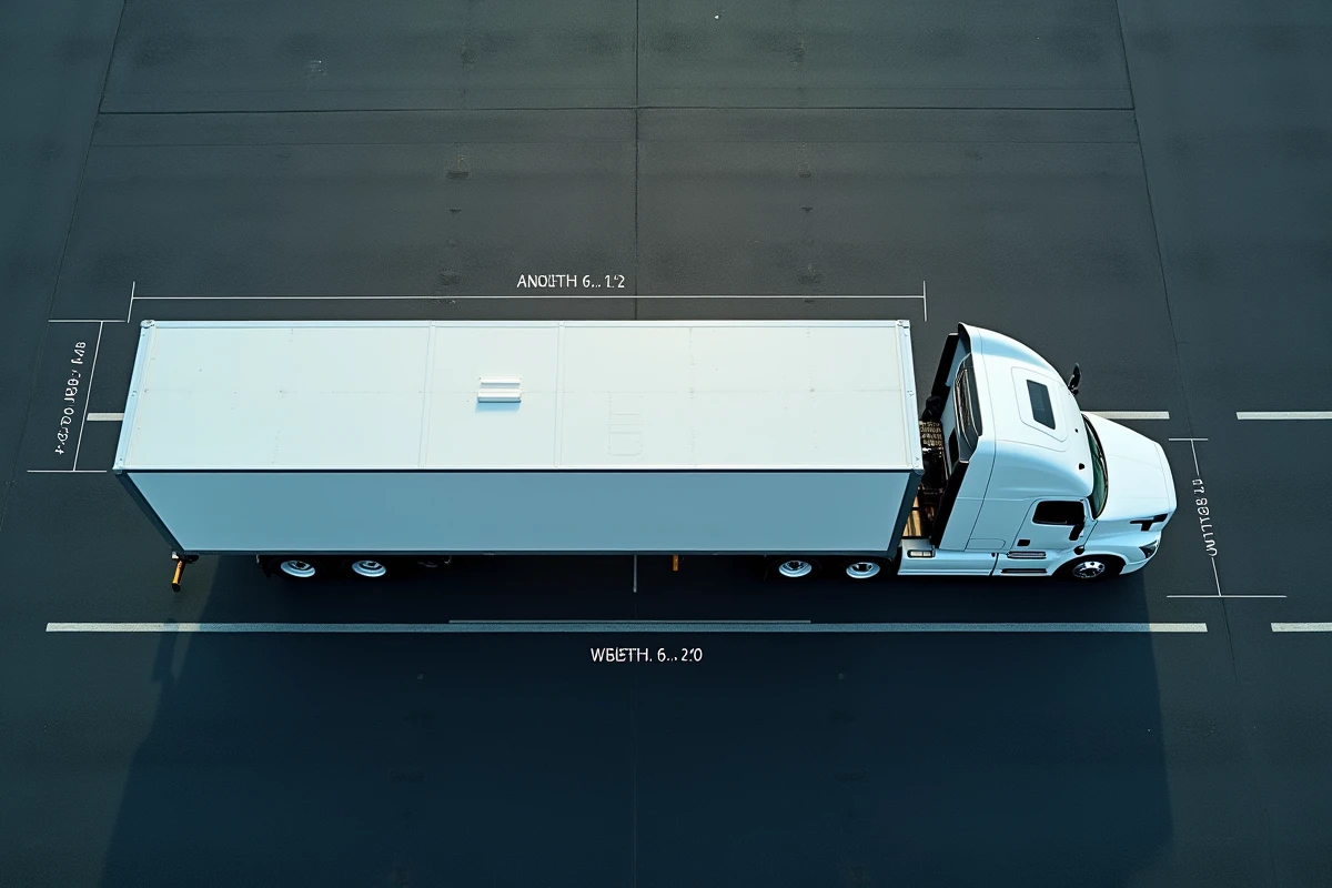 Vue aérienne en plongée d'un camion semi-remorque articulé sur tarmac avec indication visuelle des dimensions de longueur et largeur